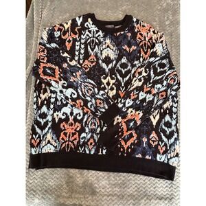 Liverpool Los Angeles‎ Womens 2X Ikat Jacquard Knit Crewneck Sweater Navy Orange
